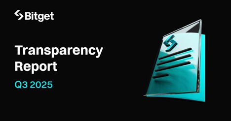 En fondo negro y con el logo de Bitget en blanco, el texto resalta el Informe de transparencia de Bitget Q3 2025, a la derecha el símbolo de análisis financiero en color azul.