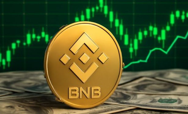 Una moneda dorada de BNB sobre unos dólares y un fondo de gráfico de precios.