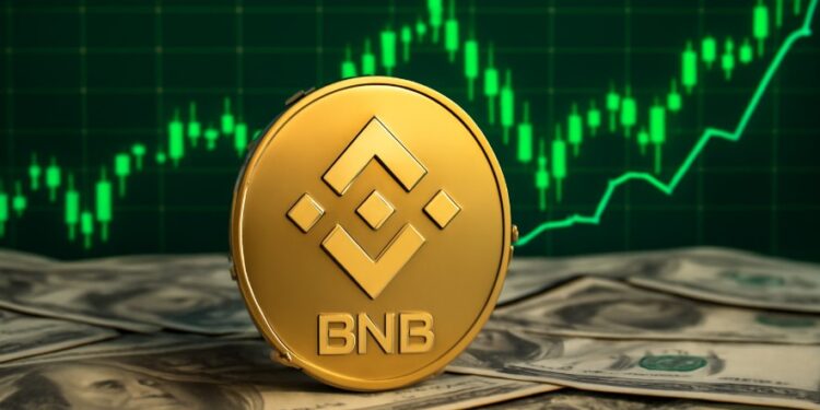 Una moneda dorada de BNB sobre unos dólares y un fondo de gráfico de precios.