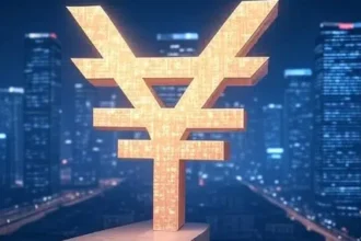 Símbolo del yuan en amarillo en un fondo azul.