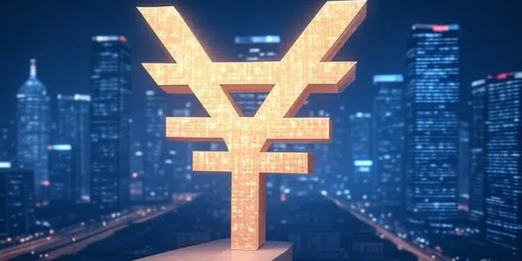 Símbolo del yuan en amarillo en un fondo azul.