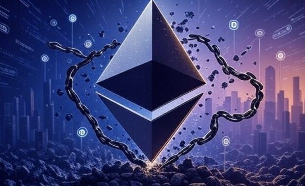 Logo de Ethereum sobre un fondo con detalles morados.