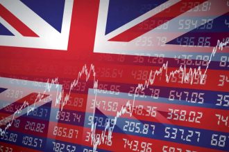 UK financial background: share prices and stock graph overlaid on an image of the Union Jack