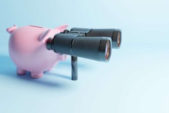 piggy bank, searching with binoculars