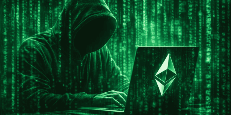 un hacker frente a una laptop que tiene el logo de Ethereum. Todo en tono verde
