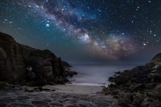 The Milky Way at night, over Porthgwarra beach in Cornwall